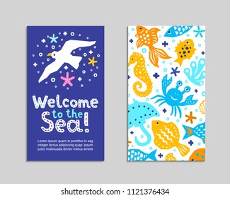 Cutout marine style animal kids design element paper flyer card. Lettering title Welcome to the Sea. Vector cartoon fish, gull, crab, guitarfish, seahorse doodle background. Child ocean graphic poster