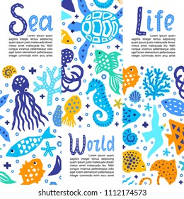 Cutout marine style kids design element paper flyers. Lettering titles Sea, World, Life. Vector funny cartoon doodle background of fish, octopus, gull, shell, calmar, starfish, jellyfish, guitarfish 