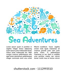 Cutout marine style kids design element paper flyer card. Lettering title Sea Adventures. Vector funny cartoon doodle background of fish, shell, calmar, starfish, jellyfish, gull, octopus