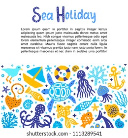 Cutout marine style kids design element paper flyer card with Sea Holiday lettering title. Vector funny cartoon doodle background of fish, octopus, gull, shell, calmar, starfish, jellyfish, guitarfish