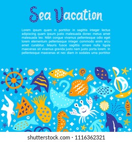 Cutout marine style kids design element paper flyer card with Sea Vacation lettering title. Vector funny cartoon doodle background of fish, gull, shell, crab, starfish, guitarfish