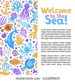 Cutout marine style kids design element paper flyer card. Lettering title. Vector funny cartoon doodle sea background of fish, shell, starfish, jellyfish, crab, boat, dolphin, octopus