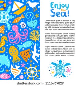 Cutout marine style kids design element paper flyer card. Lettering title Enjoy Sea. Vector funny cartoon fish, gull, shell, calmar, cuttle, starfish, octopus, seahorse, boat, turtle doodle background