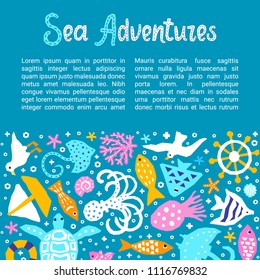 Cutout marine style kids design element paper flyer card Sea Adventures lettering title. Vector funny cartoon fish, octopus, gull, shell, calmar, starfish, jellyfish, guitarfish doodle background 