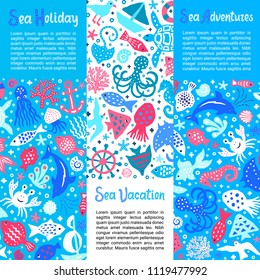 Cutout marine style kids design element paper flyers. Lettering titles Sea Holiday, Vacation, Adventures. Vector funny cartoon doodle background of fish, shell, calmar, starfish, crab, dolphin, gull