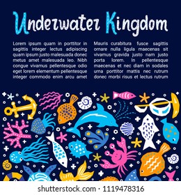 Cutout marine style kids design element paper flyers. Lettering title Underwater Kingdom. Vector funny cartoon doodle background of fish, shell, calmar, starfish, jellyfish, crab, dolphin