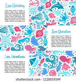 Cutout marine style kids design element paper flyers. Lettering titles Sea Holiday, Vacation, Adventures. Vector funny cartoon doodle background of fish, shell, calmar, starfish, crab, dolphin, gull
