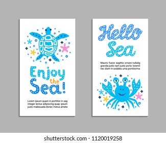 Cutout marine style kids design element paper flyer card. Lettering title Enjoy, Hello Sea. Vector funny cartoon turtle, crab doodle background. Child graphic posters