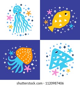 Cutout marine style kids design element paper flyer card set. Vector funny cartoon ocean fish, jellyfish, octopus doodle background. Maritime backdrop. Child graphic sea posters