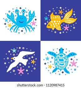 Cutout marine style kids design element paper flyer card set. Vector funny cartoon fish, crab, turtle, albatross doodle background. Child graphic sea posters