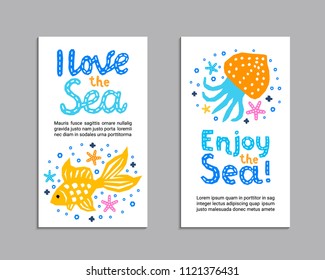 Cutout marine style kids design element paper flyer card. Lettering title I love, Enjoy the Sea. Vector funny cartoon fish, jellyfish doodle background. Child graphic posters