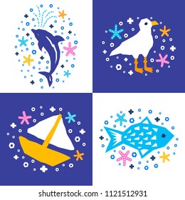 Cutout marine style kids design element paper flyer card set. Vector funny cartoon dolphin, fish, gull, boat doodle background. Child graphic sea posters