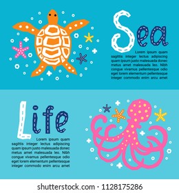Cutout marine style kids design element paper flyers. Lettering titles Sea, Life. Vector EPS 10 funny cartoon doodle background of turtle, octopus, starfish