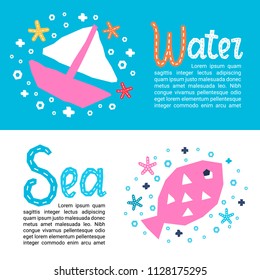 Cutout marine style kids design element paper flyers. Lettering titles Water, Sea. Vector EPS 10 funny cartoon doodle background of fish, boat, starfish