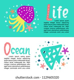 Cutout marine style kids design element paper flyers. Lettering titles Life, Ocean. Vector EPS 10 funny cartoon doodle background of fish, calmar, starfish