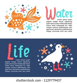 Cutout marine style kids design element paper flyers. Lettering titles Water, Life. Vector EPS 10 funny cartoon doodle background of fish, starfish, gull