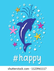 Cutout marine style sea animal kids design element paper card. Lettering popular hashtag title happy. Vector funny cartoon dolphin doodle background. Child graphic poster