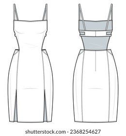 cut-out mini dress flat technical fashion illustration. mini dress with front 2 side slit fashion flat technical drawing template, front view, back view, white color, women, CAD mockup set.