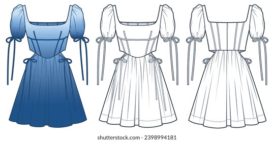 Cutout mini Dress witch Corset technical fashion Illustration. Puffed Sleeve Dress fashion flat technical drawing template, square neck,  zip-up, front, back view, white, blue, women CAD mockup set.