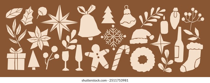 Cutout naive shapes in modern boho style. Christmas and New Year element set. Good for t-shirt print and brand designs, cards, wall decor, posters.