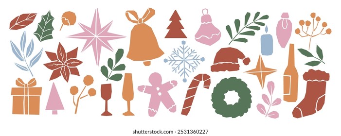 Cutout naive shapes in modern boho style. Christmas and New Year element set. Good for t-shirt print and brand designs, cards, wall decor, posters.	