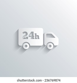 Cutout paper background. 24 hours delivery service. Cargo truck symbol. White poster with icon. Vector