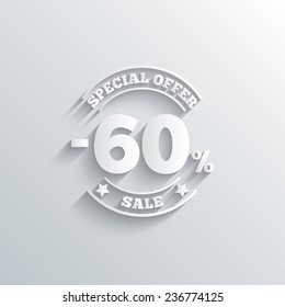 Cutout paper background. 60 percent discount sign icon. Sale symbol. Special offer label. White poster with icon. Vector