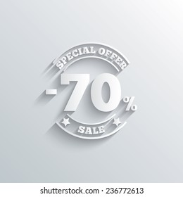Cutout paper background. 70 percent discount sign icon. Sale symbol. Special offer label. White poster with icon. Vector