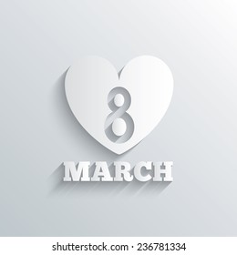 Cutout paper background. 8 March Women's Day sign icon. Heart symbol. White poster with icon. Vector
