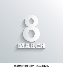 Cutout paper background. 8 March Women's Day sign icon. Holiday symbol. White poster with icon. Vector