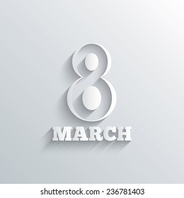 Cutout paper background. 8 March Women's Day sign icon. Holiday symbol. White poster with icon. Vector