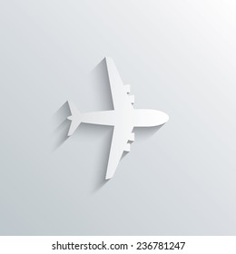 Cutout Paper Background. Airplane Sign. Plane Symbol. Travel Icon. Flight Flat Label. White Poster With Icon. Vector