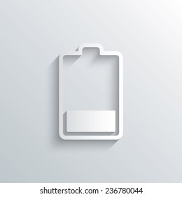 Cutout paper background. Battery low level sign icon. Electricity symbol. White poster with icon. Vector
