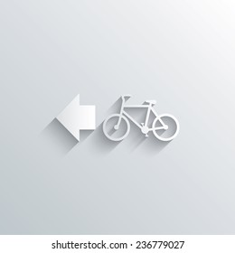 Cutout paper background. Bicycle path trail sign icon. Cycle path. Left arrow symbol. White poster with icon. Vector
