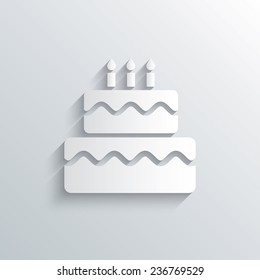 Cutout paper background. Birthday cake sign icon. Cake with burning candles symbol. White poster with icon. Vector