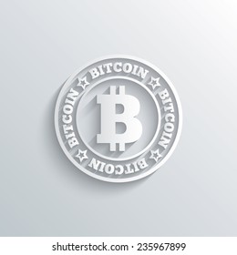 Cutout paper background. Bitcoin sign icon. Cryptography currency symbol. P2P. White poster with icon. Vector