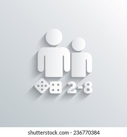 Cutout paper background. Board games sign icon. From two to eight players symbol. Dice sign. White poster with icon. Vector