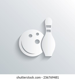 Cutout paper background. Bowling game sign icon. Ball with pin skittle symbol. White poster with icon. Vector
