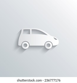 Cutout paper background. Car sign icon. Hatchback symbol. Transport. White poster with icon. Vector