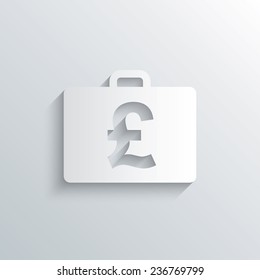 Cutout paper background. Case with Pounds GBP sign icon. Briefcase button. White poster with icon. Vector