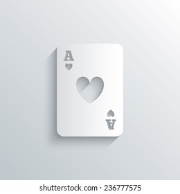 Cutout paper background. Casino sign icon. Playing card symbol. Ace of hearts. White poster with icon. Vector