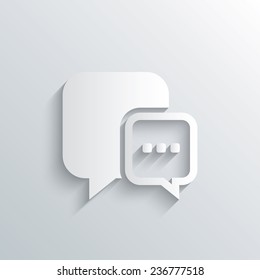 Cutout paper background. Chat sign icon. Speech bubble with three dots symbol. Communication chat bubble. White poster with icon. Vector