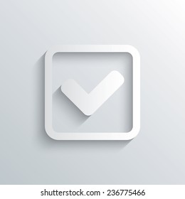 Cutout paper background. Check mark sign icon. Yes square symbol. Confirm approved. White poster with icon. Vector