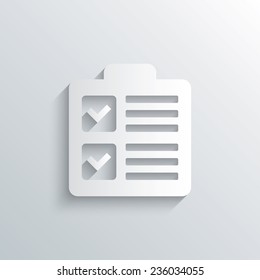 Cutout paper background. Checklist sign icon. Control list symbol. Survey poll or questionnaire form. White poster with icon. Vector