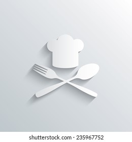 Cutout paper background. Chef hat sign icon. Cooking symbol. Cooks hat with fork and spoon. White poster with icon. Vector