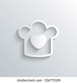 Cutout paper background. Chef hat sign icon. Cooking symbol. Cooks hat with heart love. White poster with icon. Vector