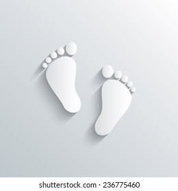 Cutout paper background. Child pair of footprint sign icon. Toddler barefoot symbol. Baby's first steps. White poster with icon. Vector