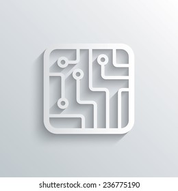 Cutout paper background. Circuit board sign icon. Technology scheme square symbol. White poster with icon. Vector