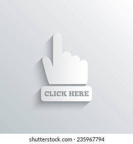 Cutout paper background. Click here hand sign icon. Press button. White poster with icon. Vector
