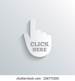 Cutout paper background. Click here hand sign icon. Press button. White poster with icon. Vector